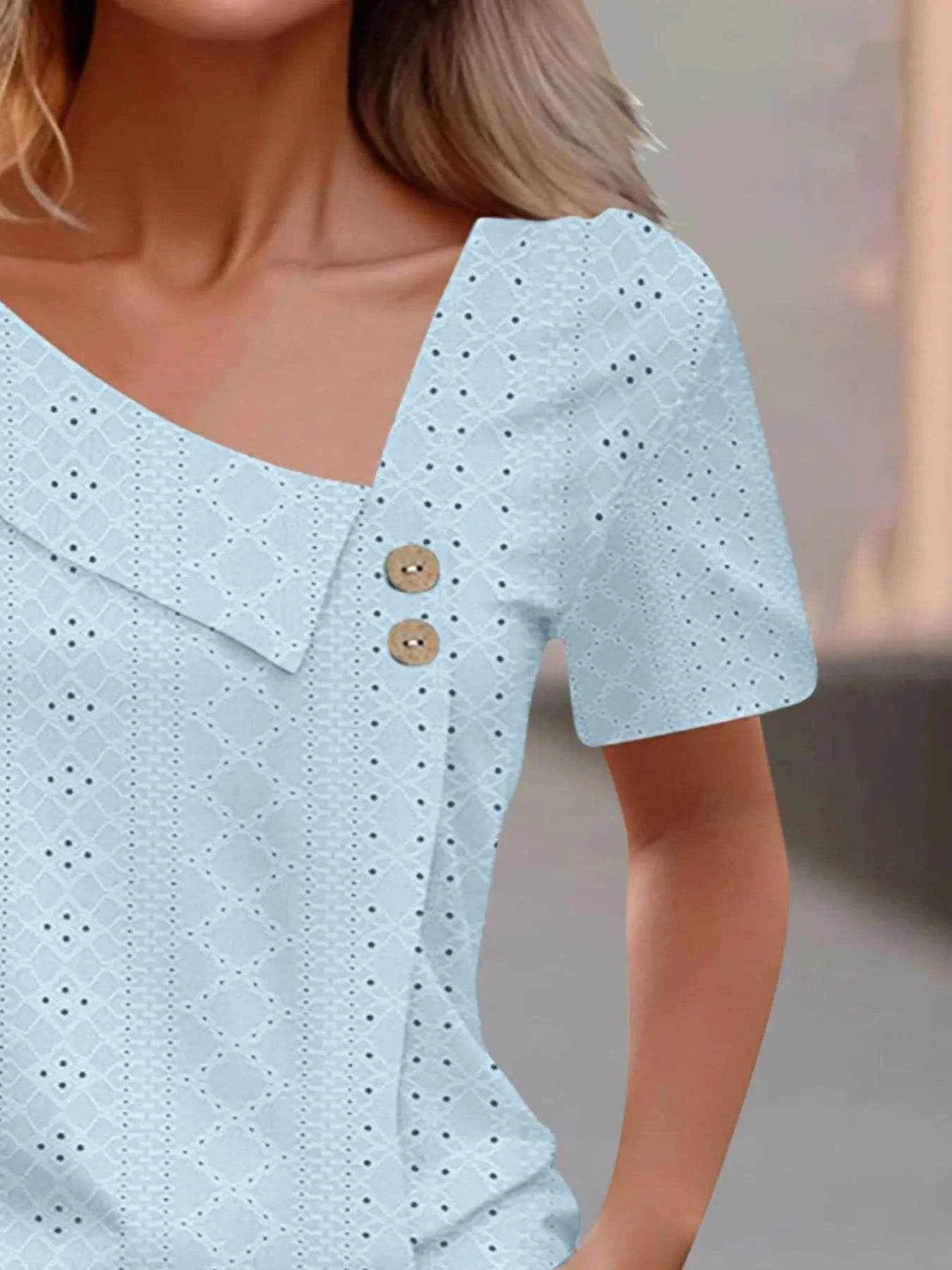 Eyelet Asymmetrical Short Sleeve T-Shirt Trendsi dc844672-98db-4987-9c2d-c999e1b3e6b0-Max-Origin