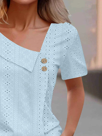 Eyelet Asymmetrical Short Sleeve T-Shirt Trendsi dc844672-98db-4987-9c2d-c999e1b3e6b0-Max-Origin