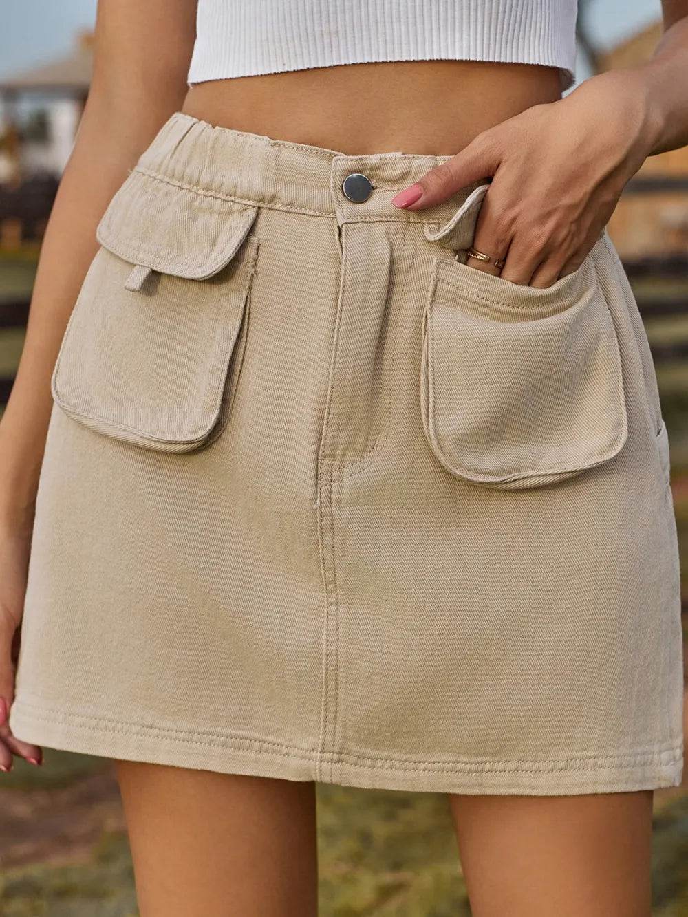 Pocketed Elastic Waist Denim Skirt Khaki Trendsi dc993994-d211-4e8a-8d24-fe9e3edf1e90-Max