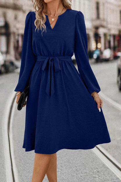 Tie Waist Notched Neck Long Sleeve Dress Trendsi dca56ec4f9544643a49e25bfe9680170-Max