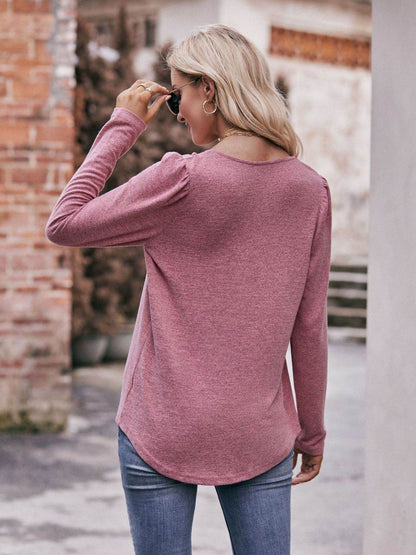 Mandy Pleated Detail Curved Hem Long Sleeve Top Trendsi dcb0d4dcfffb477384707830caf42d8d-Max