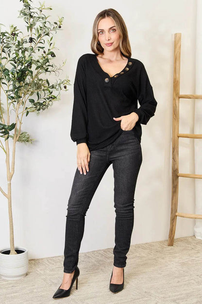 Zenana Buttoned Long Sleeve Blouse Trendsi dcb690443bcc4b6cb3271a26269d3f2f-Max