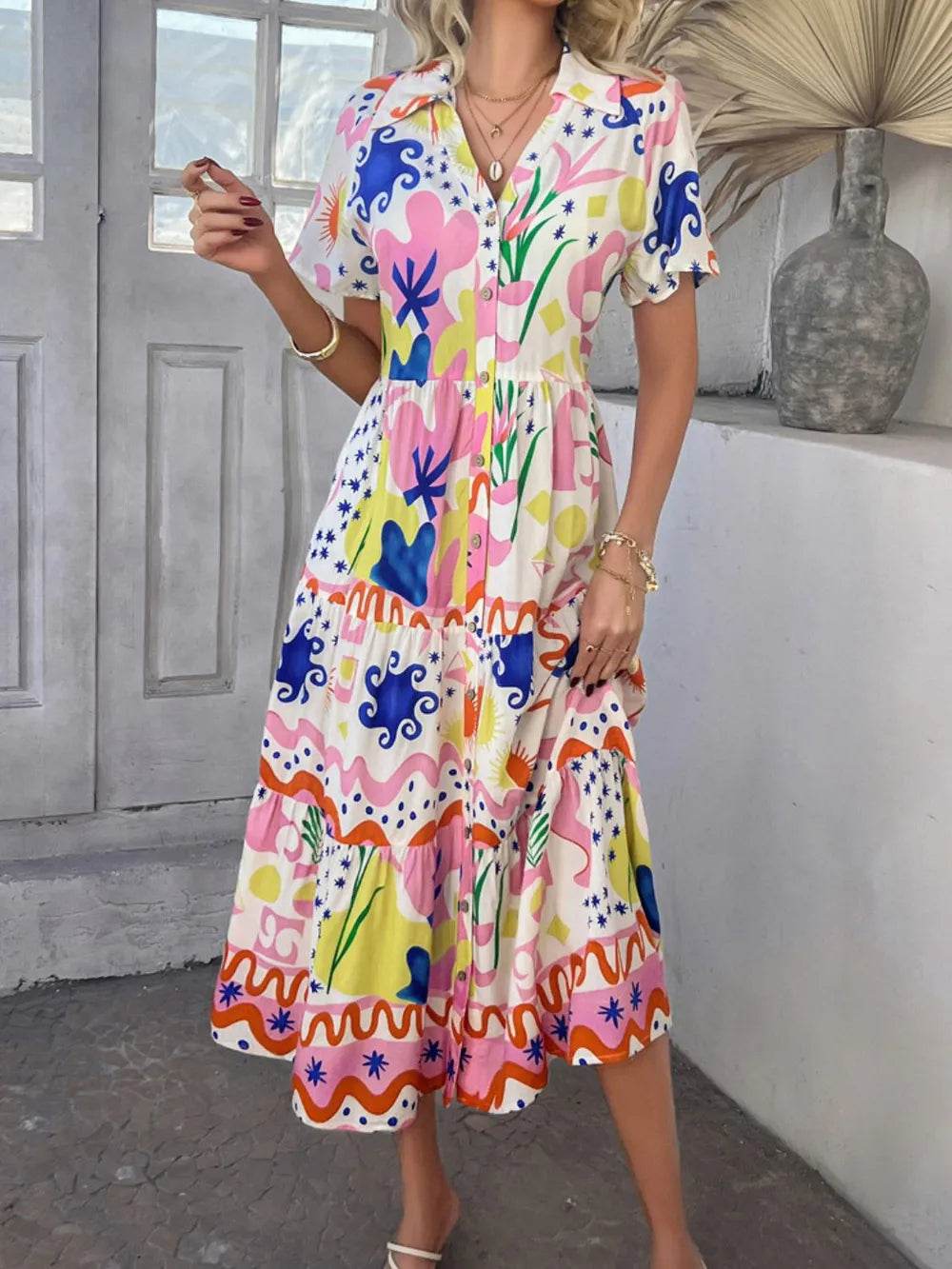 Devine Printed Johnny Collar Button Down Short Sleeve Midi Shirt Dress Multicolor Trendsi dd2c608d-a2cb-4d9a-ab11-e0832106ba5a-Max