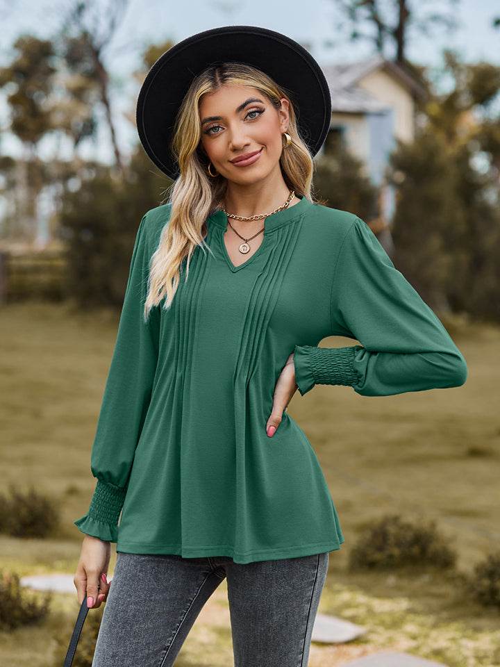 Notched Neck Flounce Sleeve Blouse Trendsi dd49fc50c0df47ddb2ecaf83b95b40f7-Max