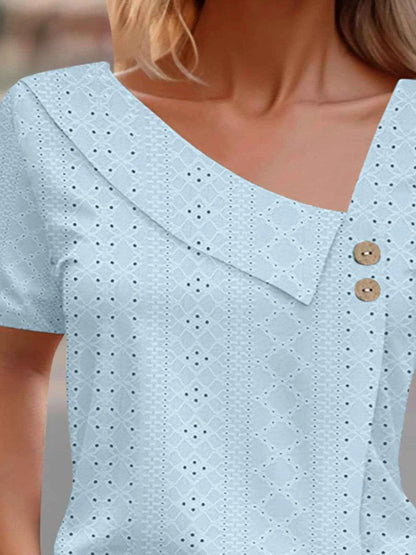 Eyelet Asymmetrical Short Sleeve T-Shirt Trendsi dd601493-8f80-4854-b8b0-4480e0b8fb10-Max-Origin