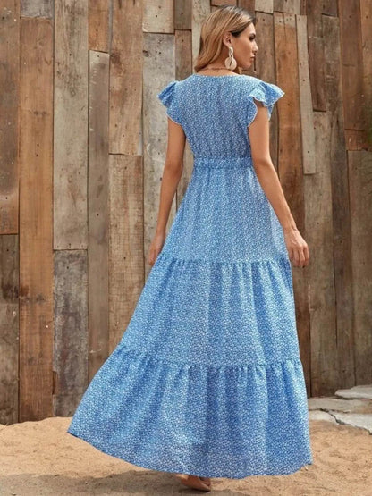 Printed V-Neck Ruffled Cap Sleeve Maxi Dress Trendsi dd741594-2343-4ac1-a8e4-7c443d6db3ba-Max-Origin