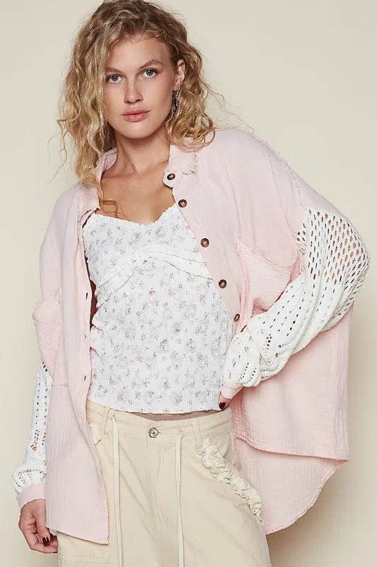 POL Openwork Lantern Sleeve Button Down Gauze Shirt Blush Pink Trendsi dd840888-5ff4-44e6-bce8-571f0f15f01c-Max