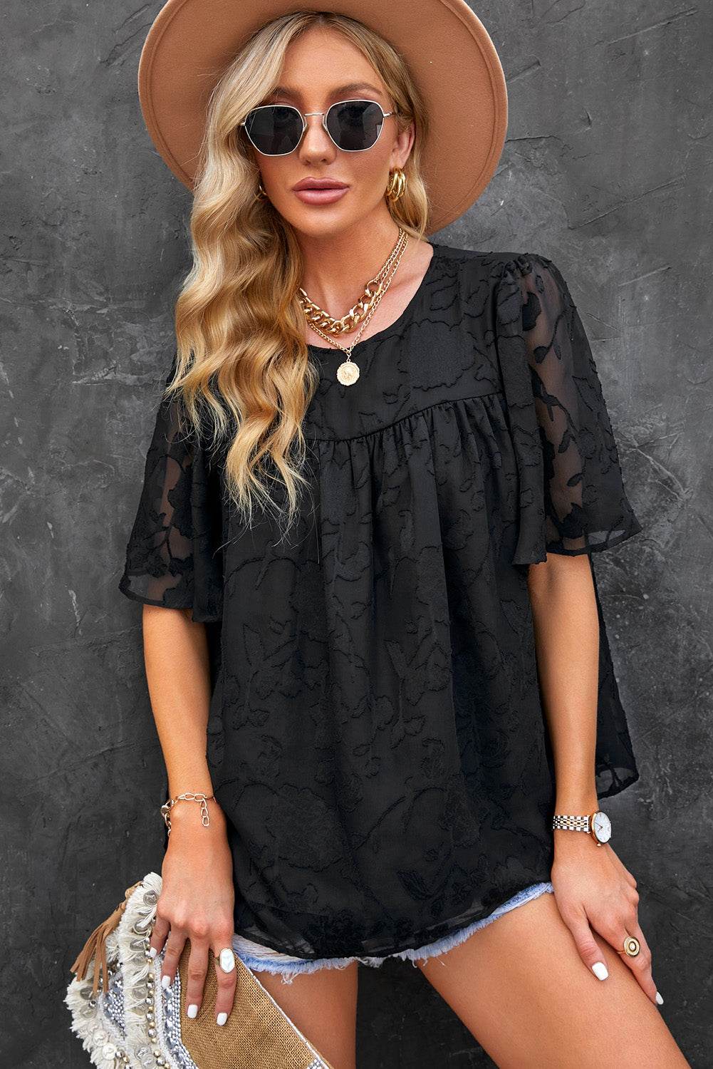 Round Neck Puff Sleeve Blouse Black Trendsi dd87a48793b949f5967c1330710f4d59-Max