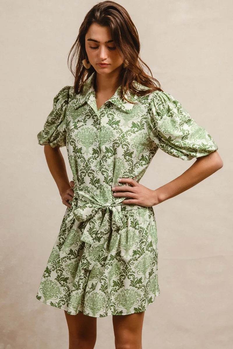 BiBi Tied Floral Short Sleeve Mini Shirt Dress GREEN CREAM Trendsi ddabf41de42a4093a2338ab599d5cb8d-Max-Origin