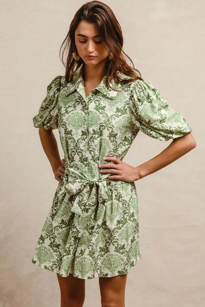 BiBi Tied Floral Short Sleeve Mini Shirt Dress GREEN CREAM Trendsi ddabf41de42a4093a2338ab599d5cb8d-Max-Origin