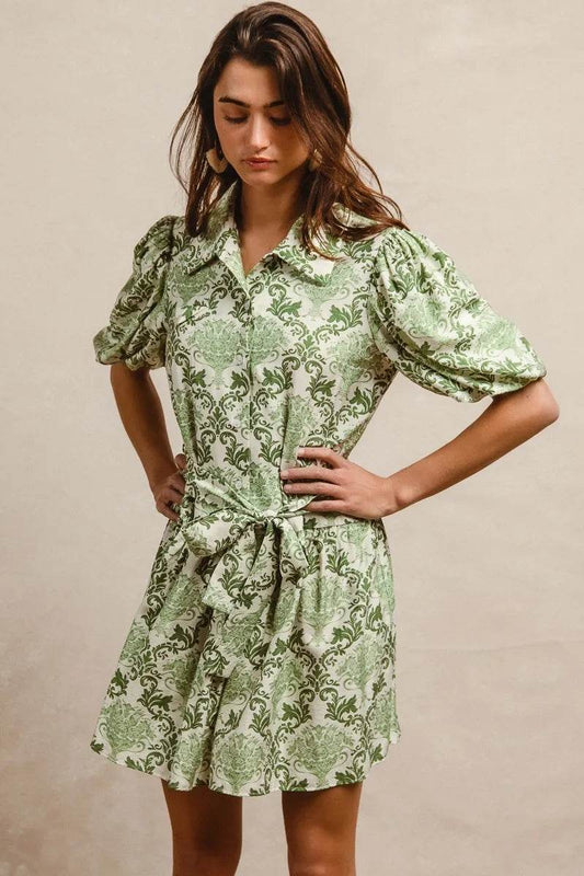 BiBi Tied Floral Short Sleeve Mini Shirt Dress GREEN CREAM Trendsi ddabf41de42a4093a2338ab599d5cb8d-Max-Origin