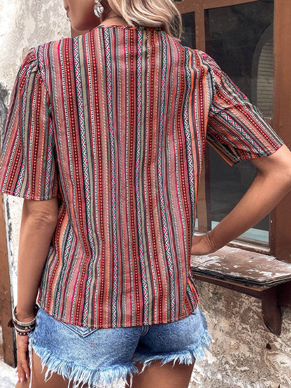 Shiny Printed V-Neck Button-Up Short Sleeve Top Trendsi ddc087398b4f4e65813ac439e9dd378f-Max