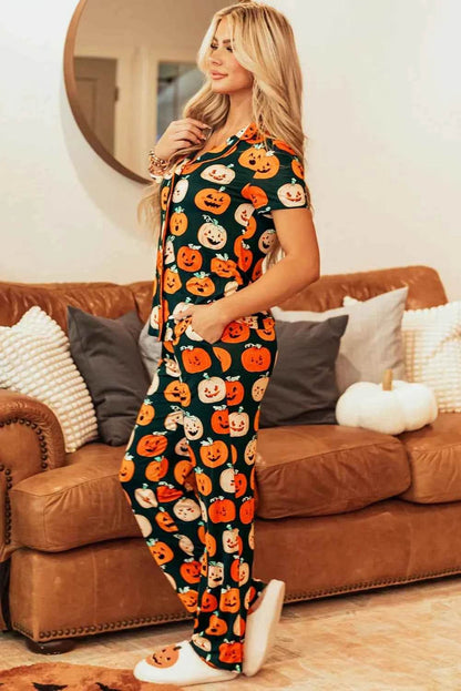 Pumpkin Printed Short Sleeve Top and Pants Lounge Set Trendsi ddd06dce-2efc-40c4-a2e9-e474f72d3820-Max