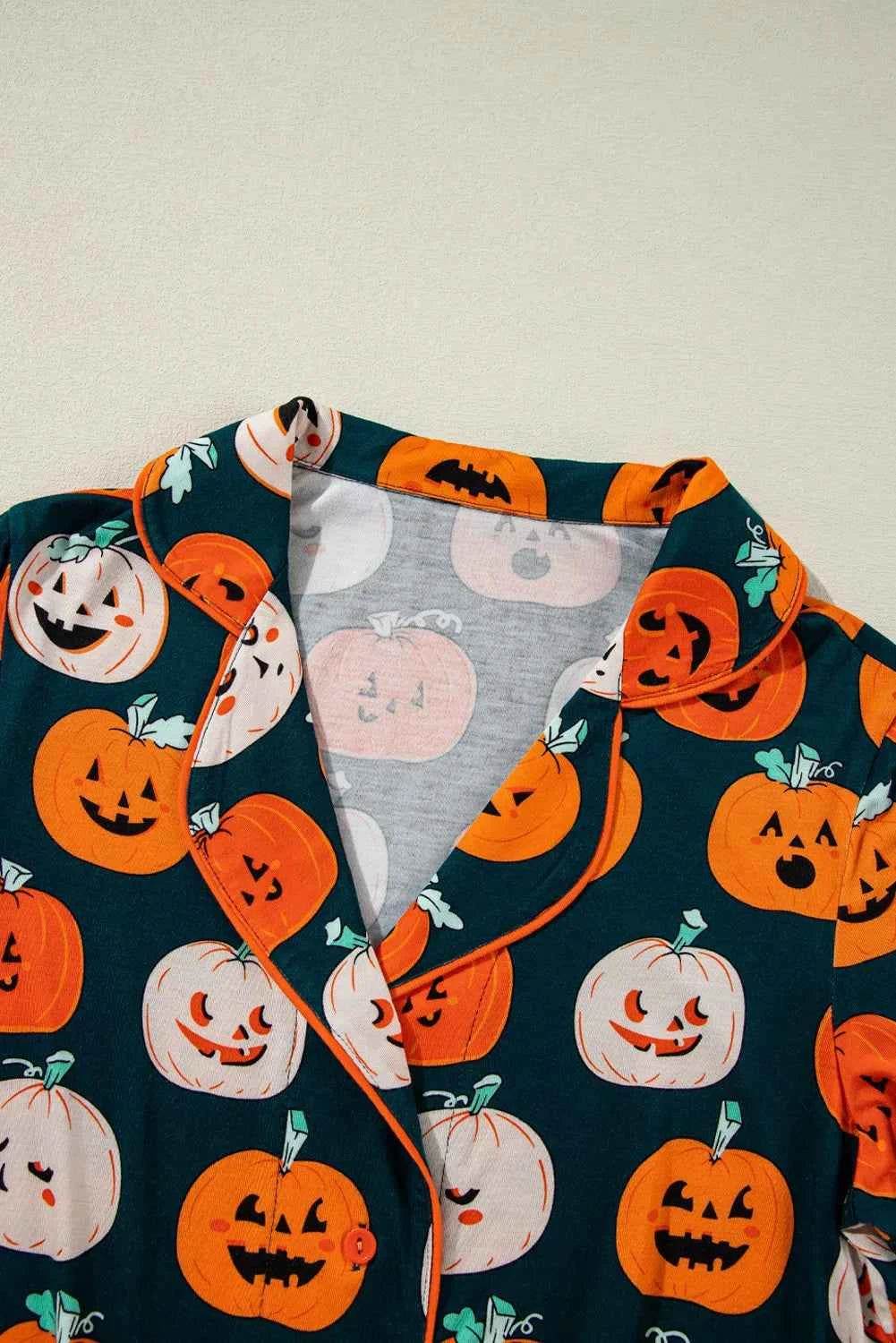 Pumpkin Printed Short Sleeve Top and Pants Lounge Set Trendsi de0c2b7e-b70a-411b-a345-442140a974ff-Max