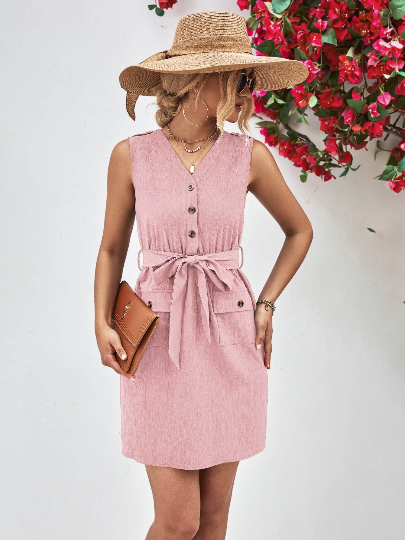 Buttoned V-Neck Belted Sleeveless Dress Trendsi de2151a756e1401f9c9994e9aae3f1ac-Max