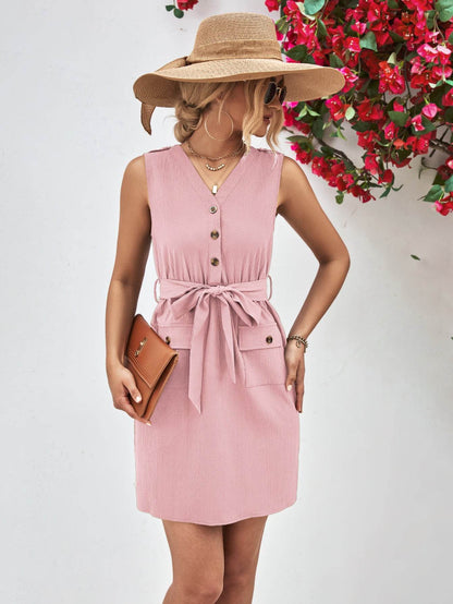 Buttoned V-Neck Belted Sleeveless Dress Trendsi de2151a756e1401f9c9994e9aae3f1ac-Max