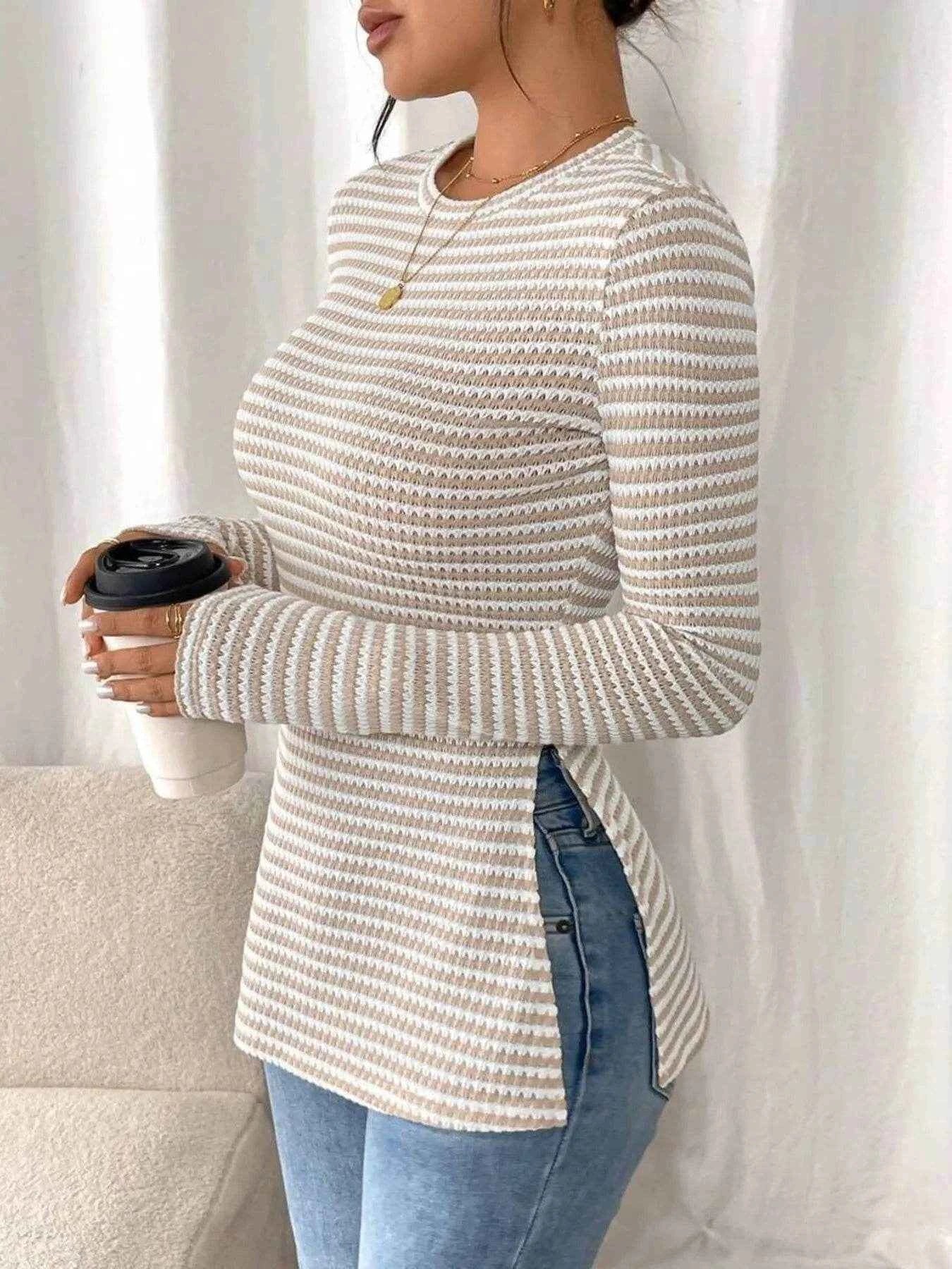 Side Slit Striped Long Sleeve T-Shirt Trendsi de280c58c09a41d2b6de10134e6fab92-Max-Origin