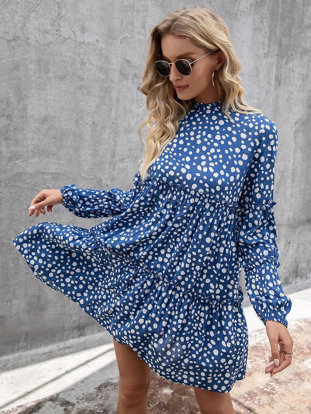 Ivy Lane Printed Long Sleeve Tiered Dress Cerulean Trendsi de4b05fb081c4905bd9ef761b68f60a8-Max