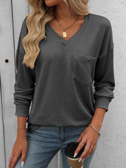 Ribbed V-Neck Long Sleeve T-Shirt Dark Gray Trendsi de643fc6-1dbf-4cec-a383-2fcbd45d5a22-Max-Origin