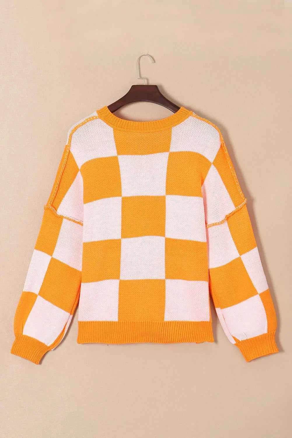 Pumpkin Checkered Round Neck Long Sleeve Sweater Trendsi de6f00ff-44a5-4d0b-b36d-5bcf1a03d2e9-Max