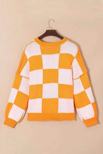Pumpkin Checkered Round Neck Long Sleeve Sweater Trendsi de6f00ff-44a5-4d0b-b36d-5bcf1a03d2e9-Max