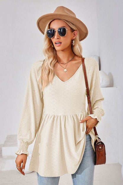 V-Neck Lantern Sleeve Blouse Cream Trendsi de7639bb56464d57881b5eaaef6c68c7-Max