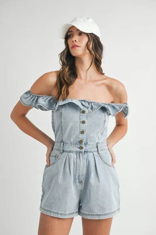 MABLE Off Shoulder Ruffle Detail Denim Romper Lt Denim Trendsi de7bc03471cd4793a7598b1fefcd4ab3-Max-Origin