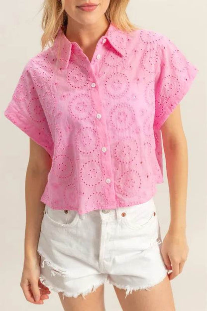 HYFVE Lightweight Eyelet Button Down Short Sleeve Shirt Trendsi de80d1e1-a746-4929-b99e-61a7d403c822-Max