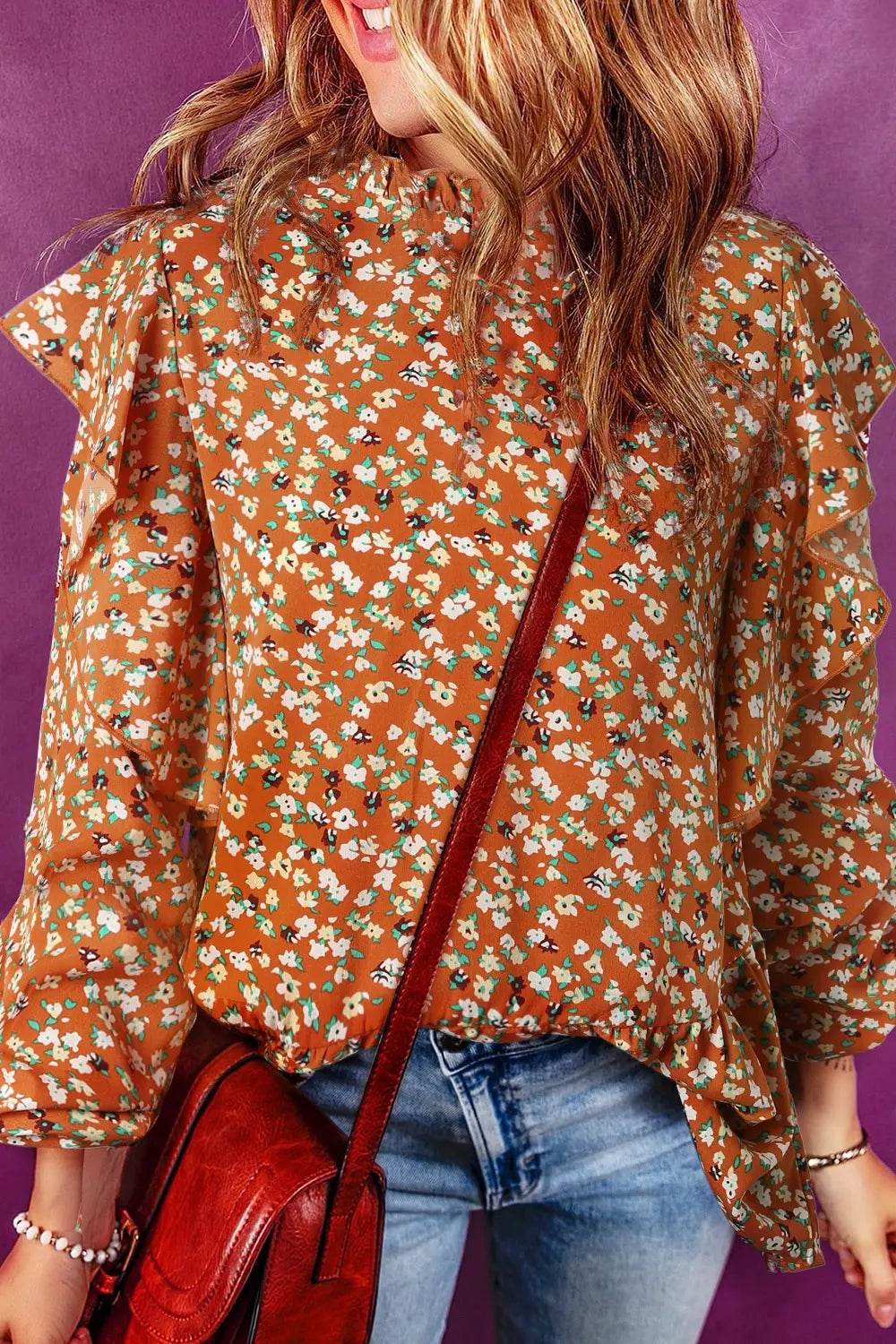 Floral Ruffled Long Sleeve Blouse Terracotta Trendsi de875972bcad42e08f27dd1013411241-Max