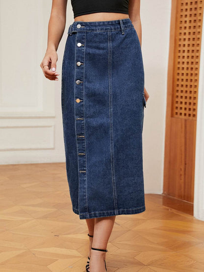Button Down Midi Denim Skirt Trendsi de98a78c79f341a8a50ef13c09ca81eb-Max