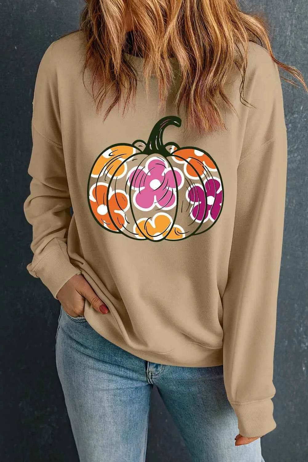 Pumpkin & Flower Graphic Long Sleeve Sweatshirt Trendsi dee17336-cc8c-4ea1-af91-79be4e16192e-Max