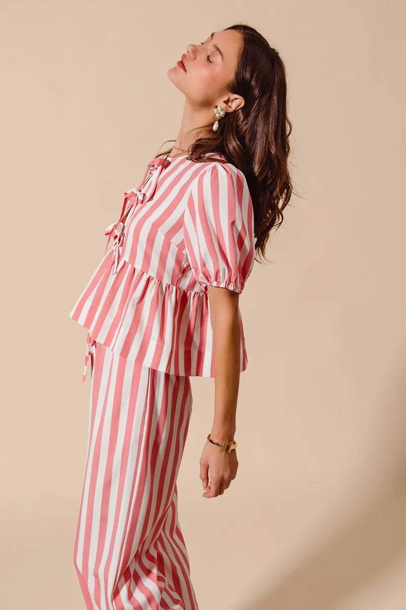 SO ME Front Tie Stripe Top With Puff Sleeves and Wide Leg Pants Set Trendsi dee99d8c259349bb8bde9a7b8dedbbd4-Max-Origin