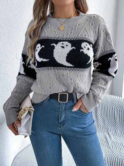 Ghost Round Neck Long Sleeve Sweater Gray Trendsi def3a076-8d8c-4fae-8869-abfa9a31706e-Max