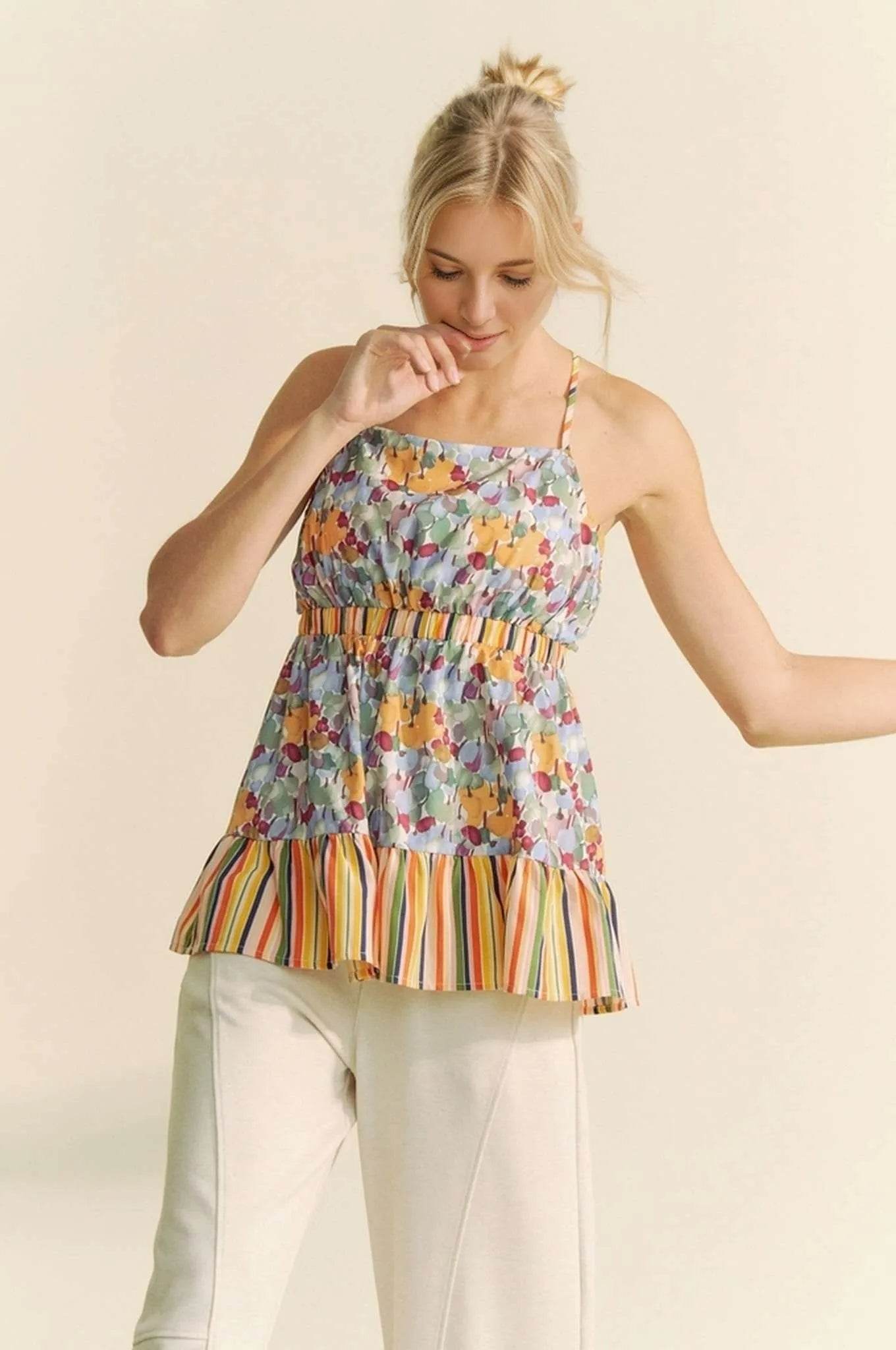 Davi & Dani Floral Smocked Sleeveless Ruffle Back Tie Top SAGE Trendsi df09333033ca459f85f69702de0c157e-Max-Origin