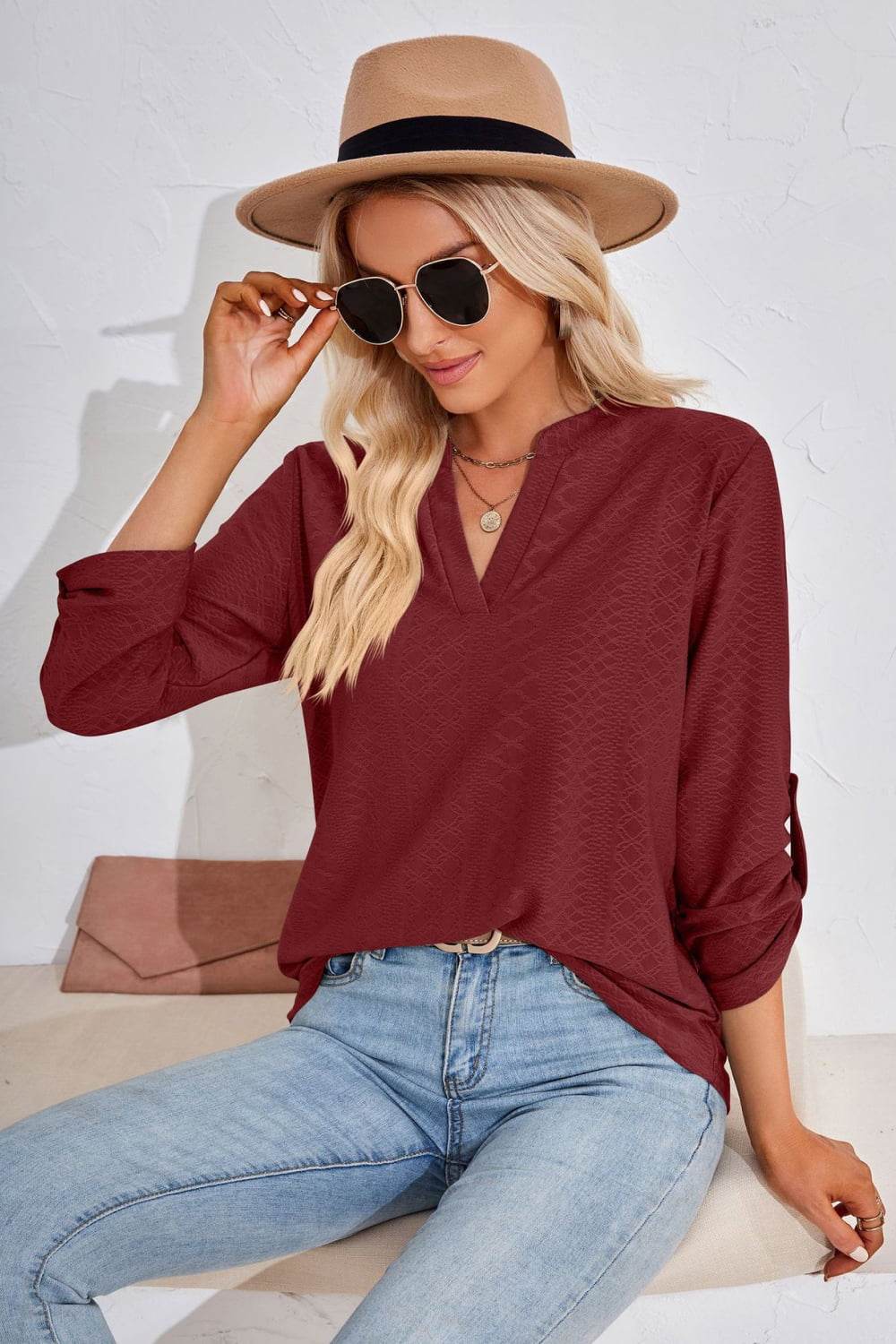 V-Neck Roll-Tap Sleeve Blouse Trendsi df0cf15a020647f691f9c30b4e51d00a-Max
