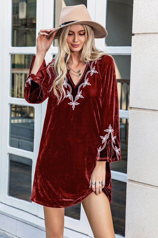 V-Neck Long Sleeve Mini Dress Burgundy Trendsi df1b38f71be24124ad326f991a6735b3-Max