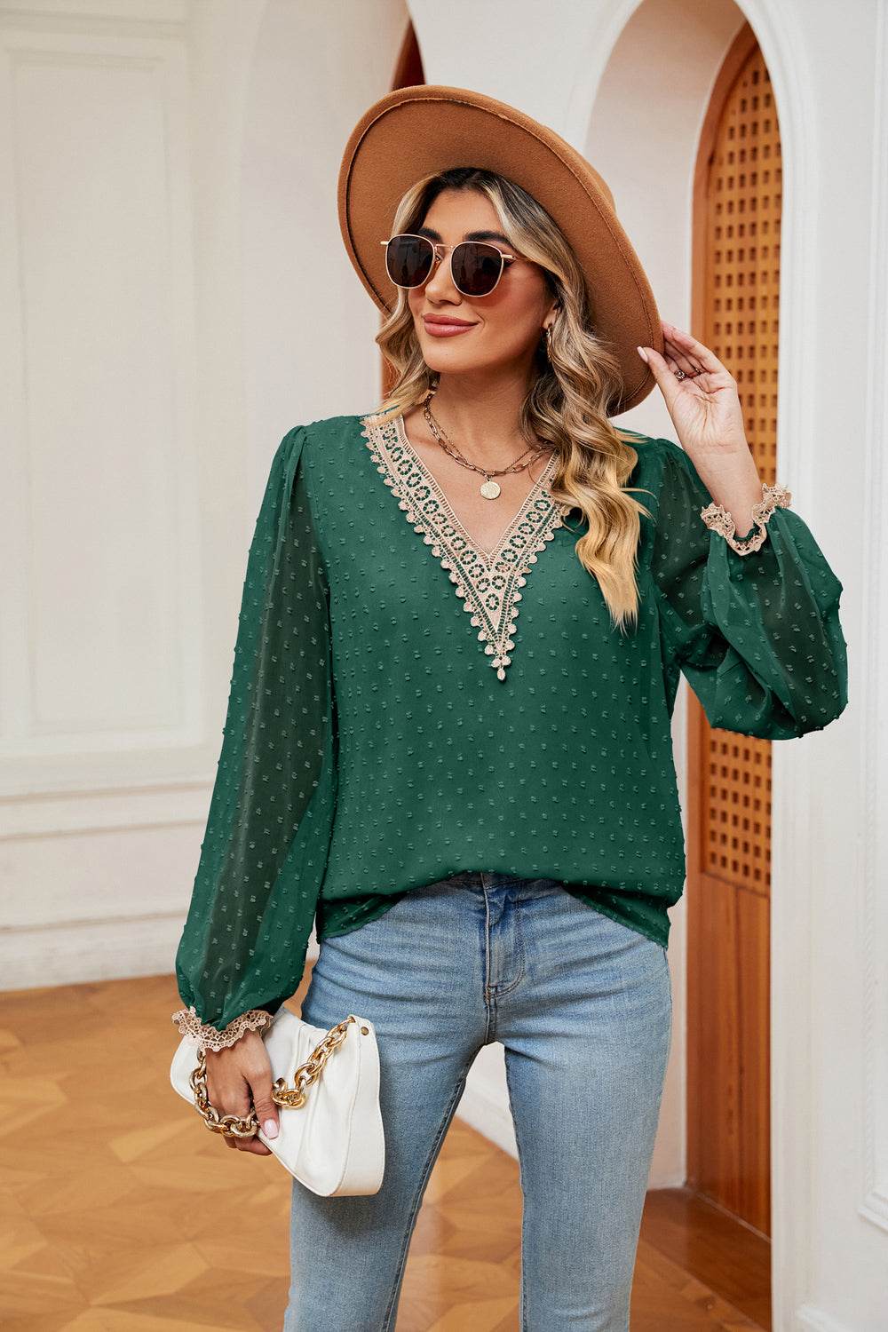 Swiss Dot Contrast V-Neck Blouse Trendsi df242469052848f6b4e0a63733bfd07b-Max