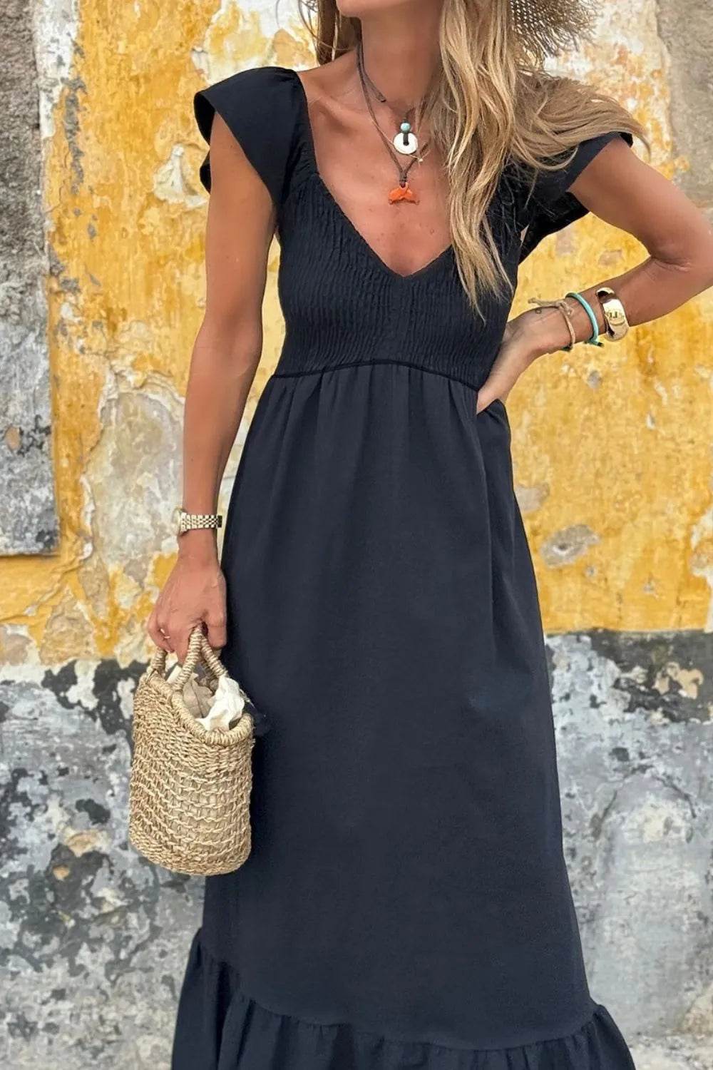 V Neck Ruffled Cap Sleeve Smocked Maxi Dress Trendsi df7969b4-062f-471d-b6ff-9b28efbd157f-Max-Origin