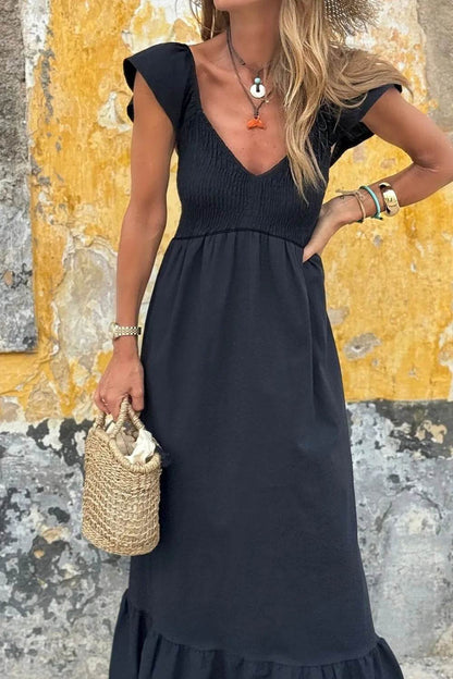 V Neck Ruffled Cap Sleeve Smocked Maxi Dress Trendsi df7969b4-062f-471d-b6ff-9b28efbd157f-Max-Origin