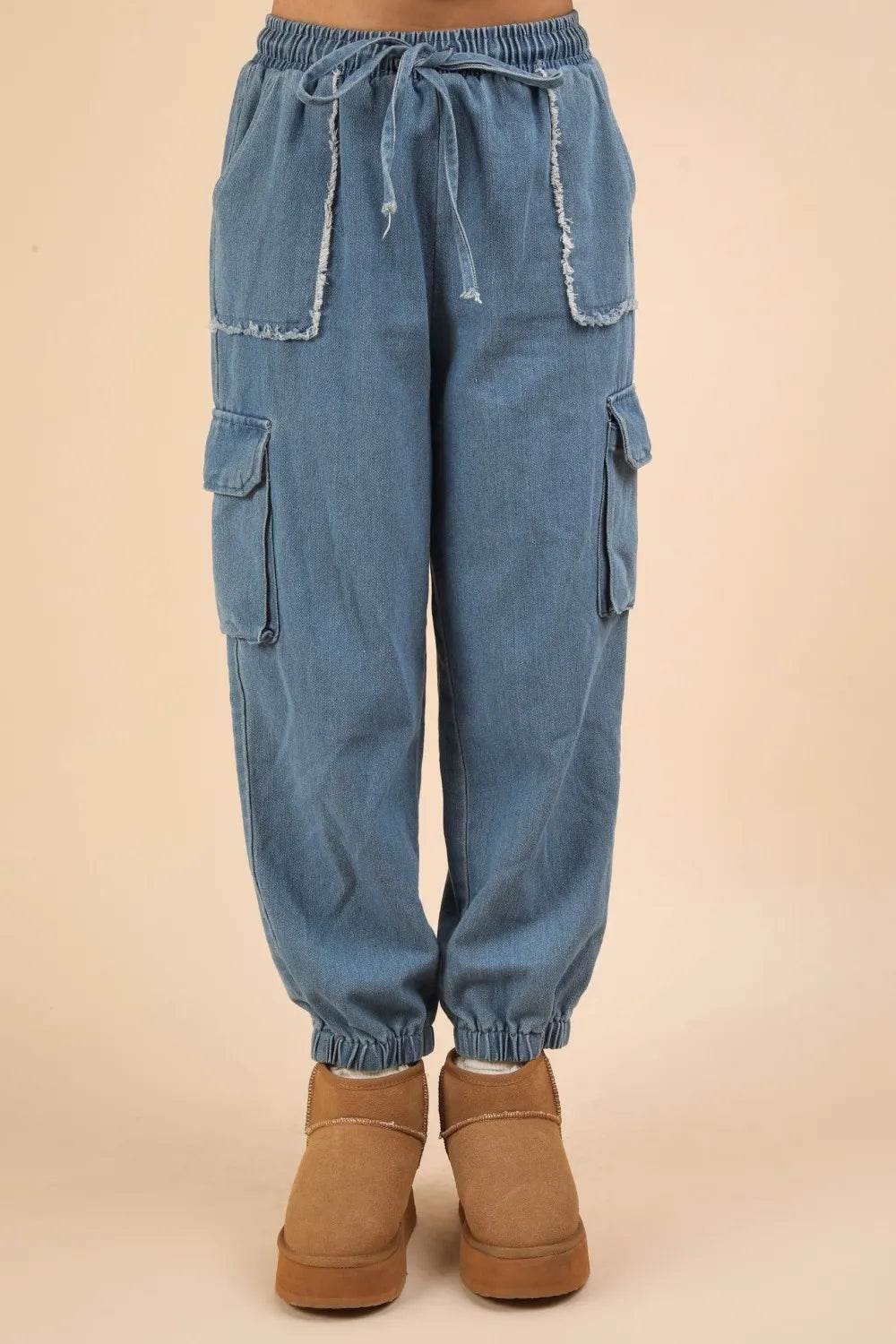 VERY J Washed Drawstring Jogger Cargo Jeans Indigo Trendsi df7cc171-84b6-41ec-b1d4-51dc257f2545-Max