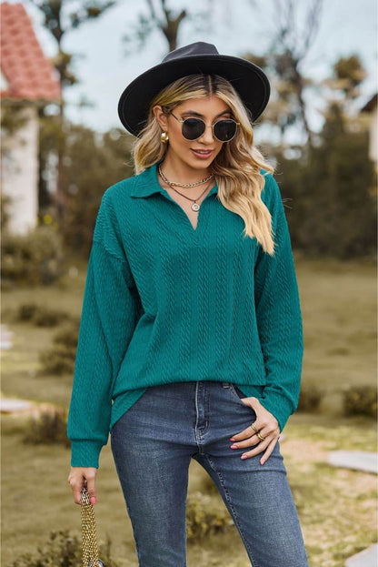 Collared Neck Cable-Knit Long Sleeve Blouse Turquoise Trendsi df85ab3487d447039de10cdb5c30da04-Max