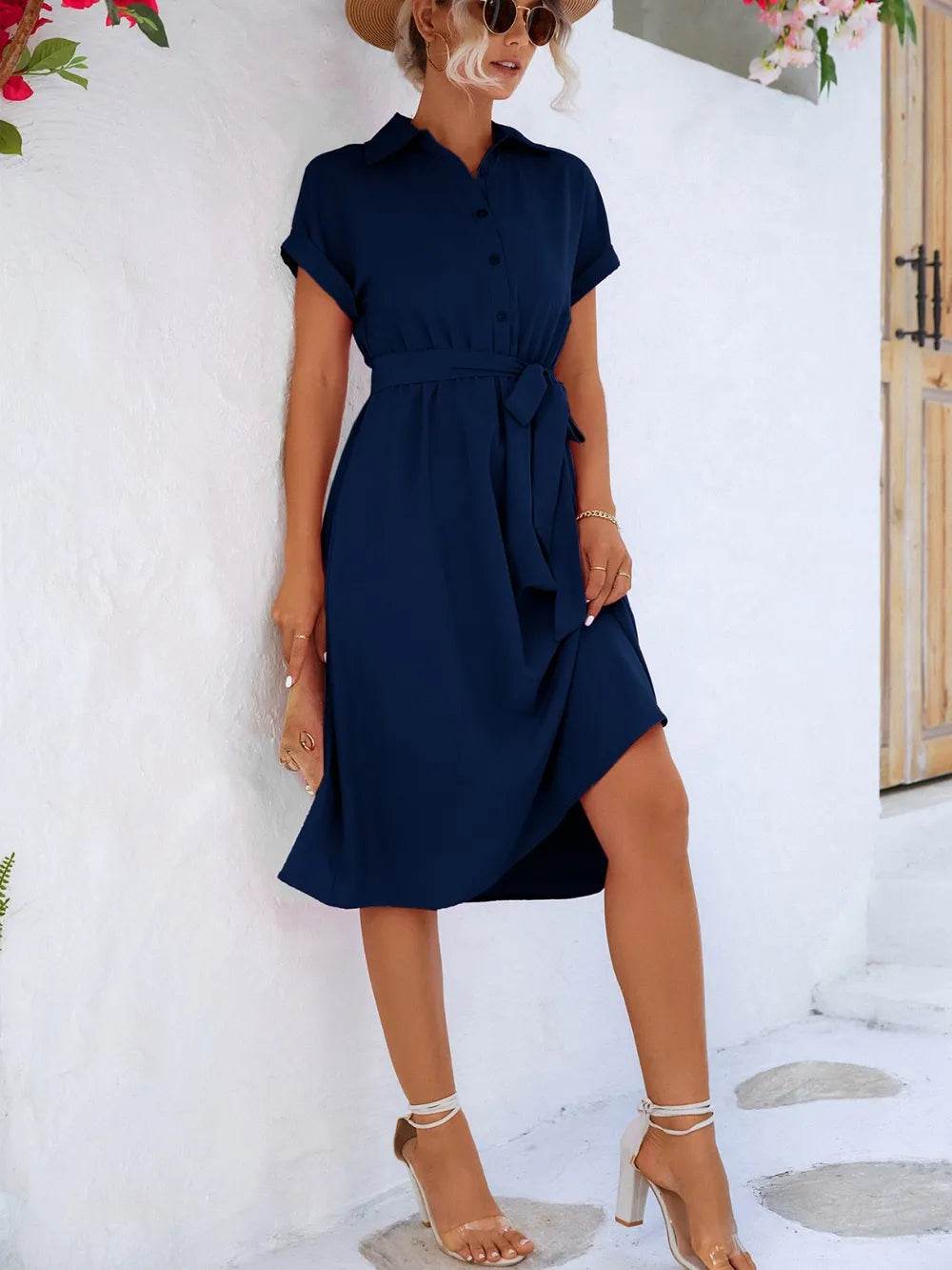 Buttoned Tie Waist Short Sleeve Dress Trendsi df94c8d4-8984-4a47-829d-f84068a1f63e-Max