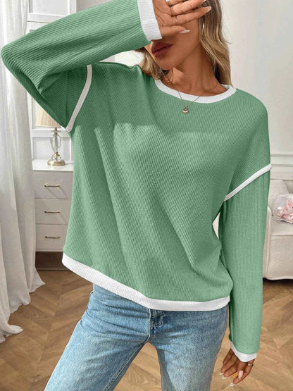 Ribbed Contrast Trim Long Sleeve Top Gum Leaf Trendsi df9a1dc0-02a5-4248-b03b-f279f6ecb0f9-Max-Origin