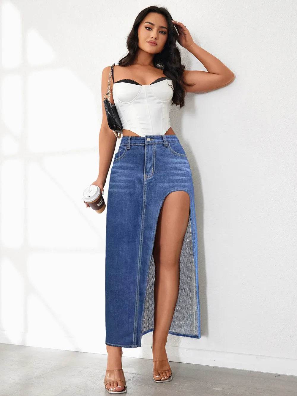 High Rise Slit Denim Skirt Trendsi df9a8ab2-9ab4-413d-9cb1-58fbf1eca001-Max