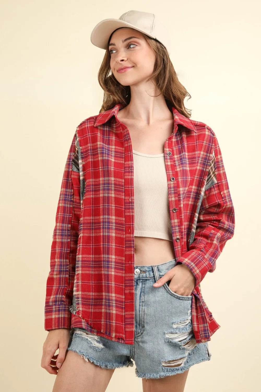 VERY J Contrast Plaid Raw Detail Shirt Trendsi df9e8e6f-d95a-4e0e-96c9-e658128de52f-Max