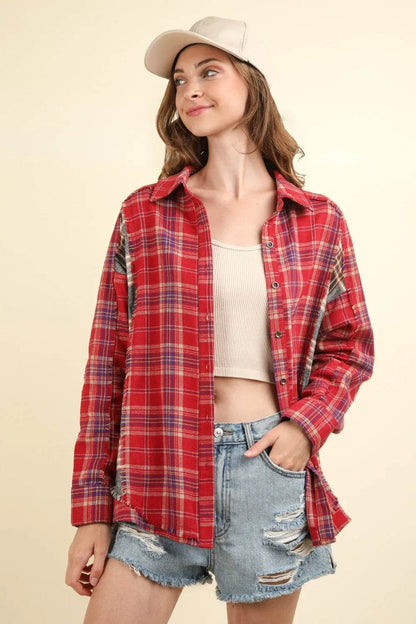 VERY J Contrast Plaid Raw Detail Shirt Trendsi df9e8e6f-d95a-4e0e-96c9-e658128de52f-Max