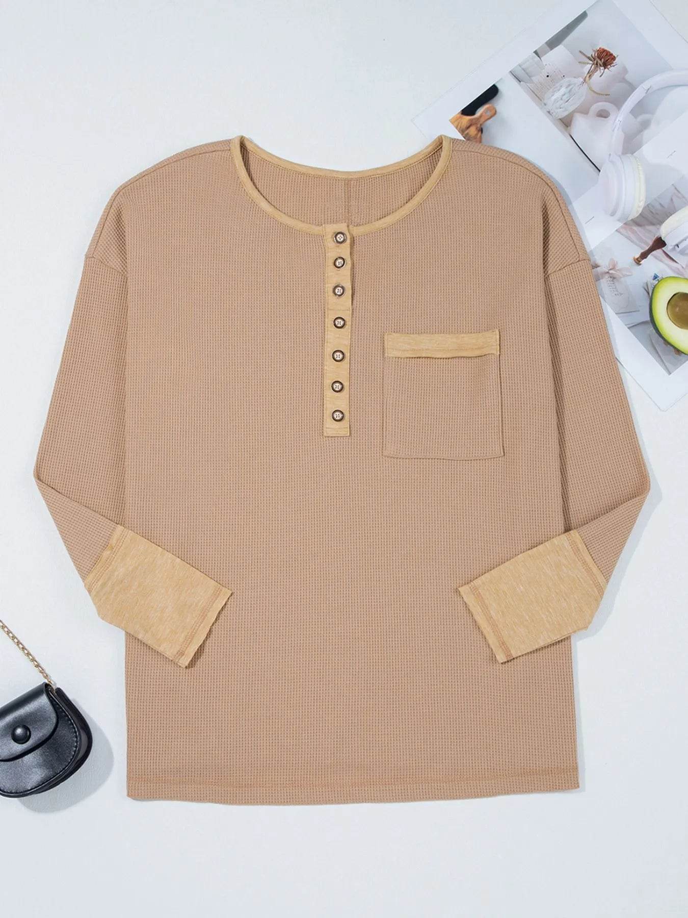 Waffle Textured Tunic Henley Top with Slits Trendsi dfa93213-393c-4c69-a691-c05b00dd3731-Max-Origin