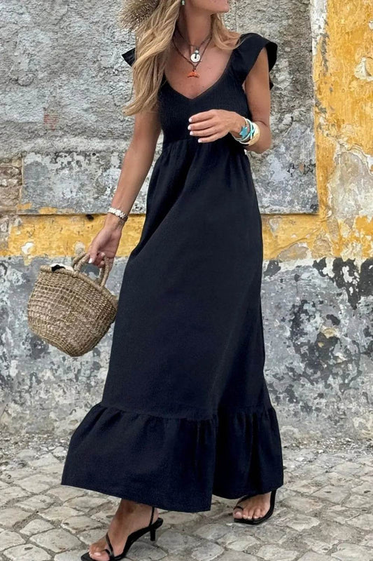 V Neck Ruffled Cap Sleeve Smocked Maxi Dress Trendsi dfba1adf-e6c5-4caf-ba9d-71c31669b7dc-Max-Origin