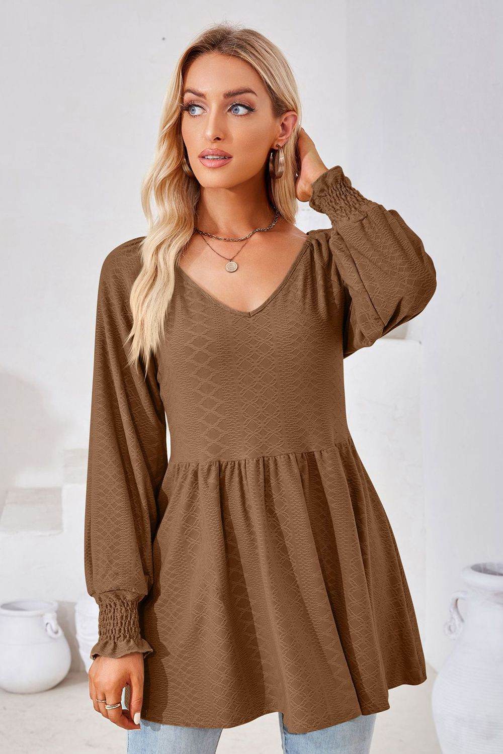 V-Neck Lantern Sleeve Blouse Trendsi dfd0ebe75d2741ea834e229cc6cbd7ea-Max