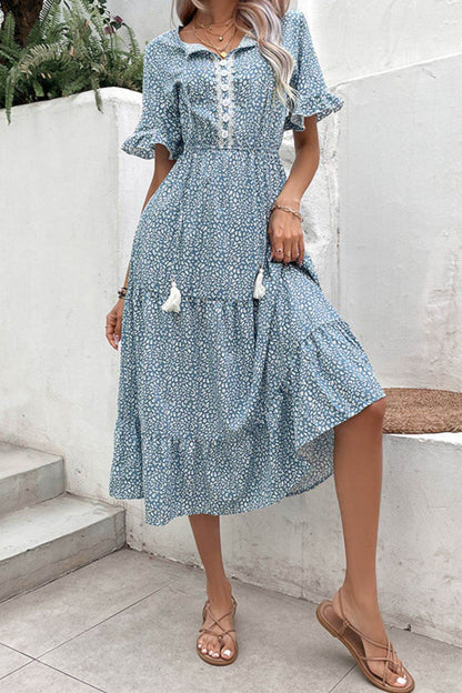 Perfee Printed Tassel Tie Flounce Sleeve Dress Trendsi dfe8d8fdea954f3a8c44cbd625513279-Max